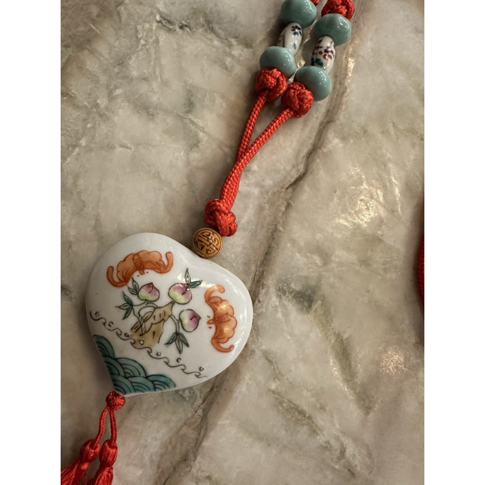 Rare Vintage Painted Peaches Glass Bead Chinese Necklace Asian Art Red Tassel